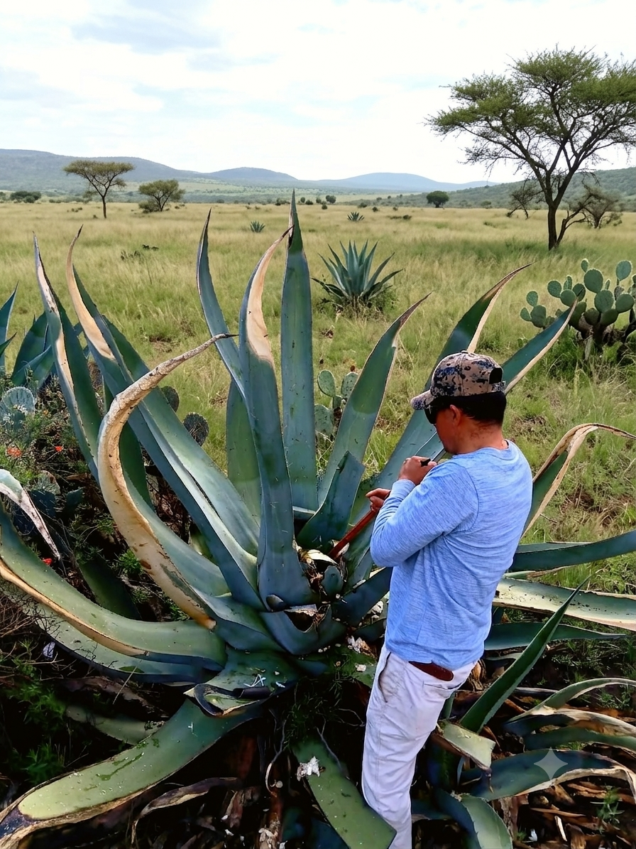 Clemente trabajando el maguey en el campo