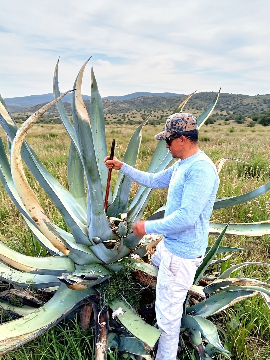 Clemente trabajando el maguey en la Barranca Chichimeca