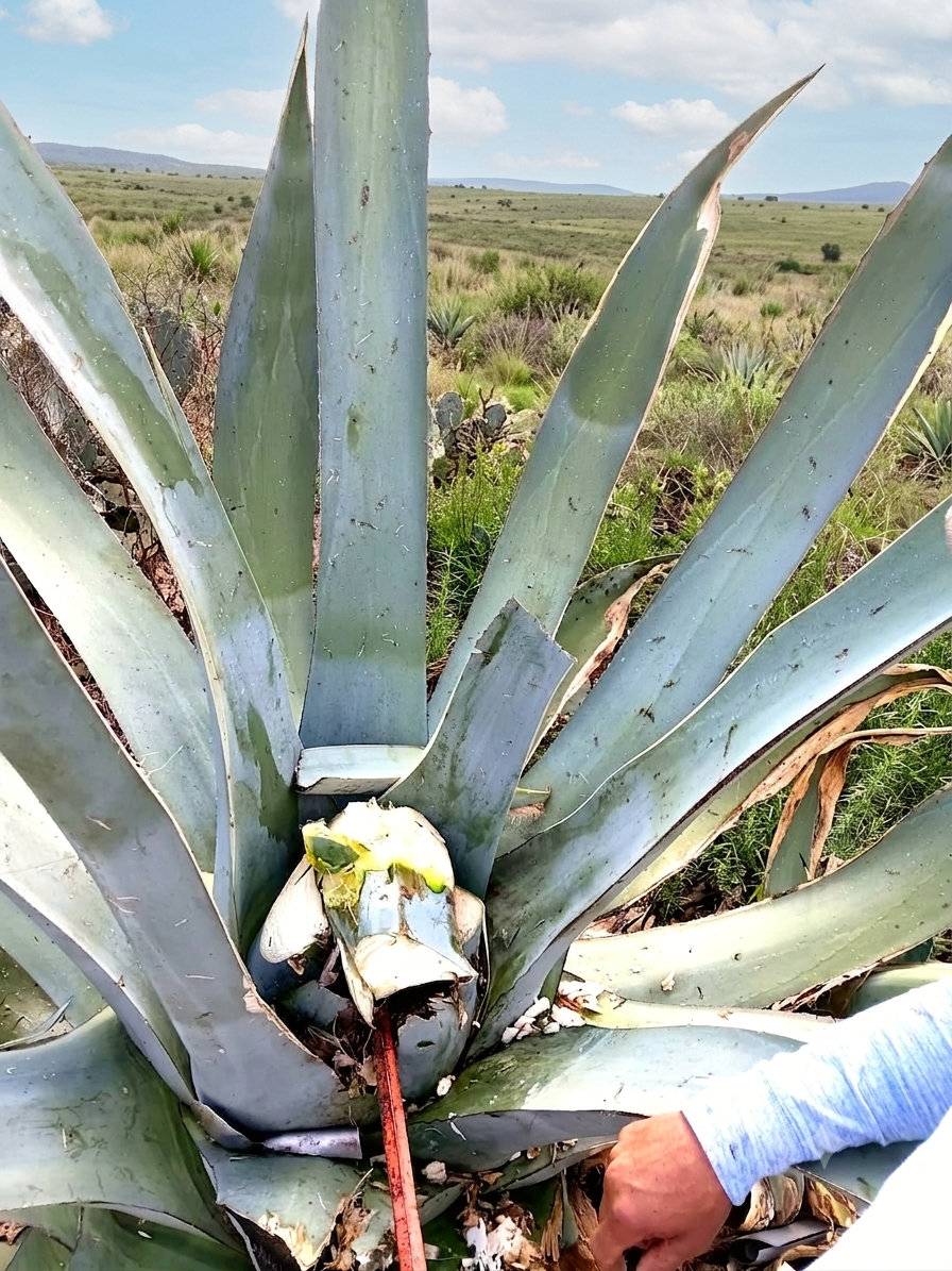 El corazón del maguey abierto para la extracción del aguamiel